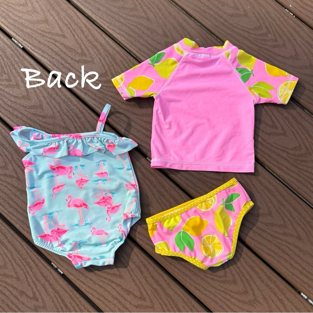 Carters 2 baby girl bathing suits 6-9 mo. 1 pc. flamingo, 2 pc. lemon rashguard - Picture 4 of 11